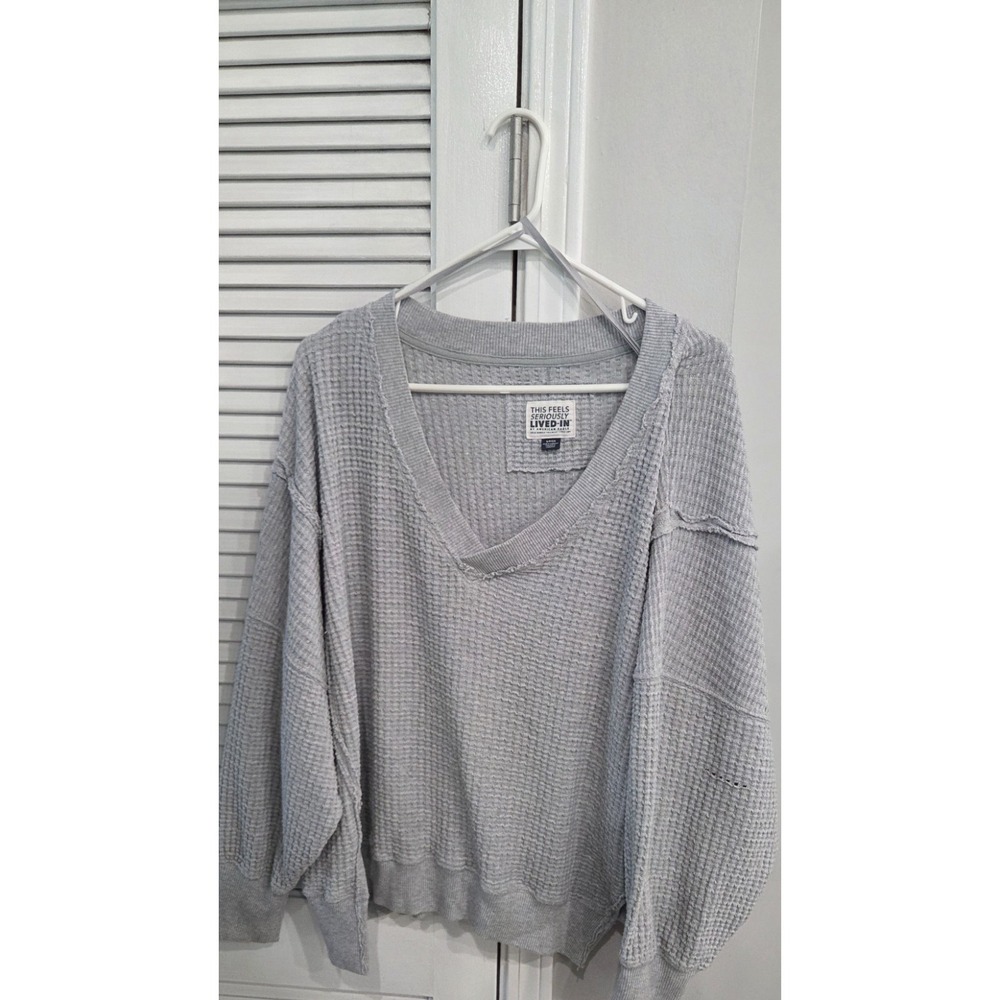 American Eagle This Feels Seriously Lived-In Grey Over Sized Waffle Knit Top S